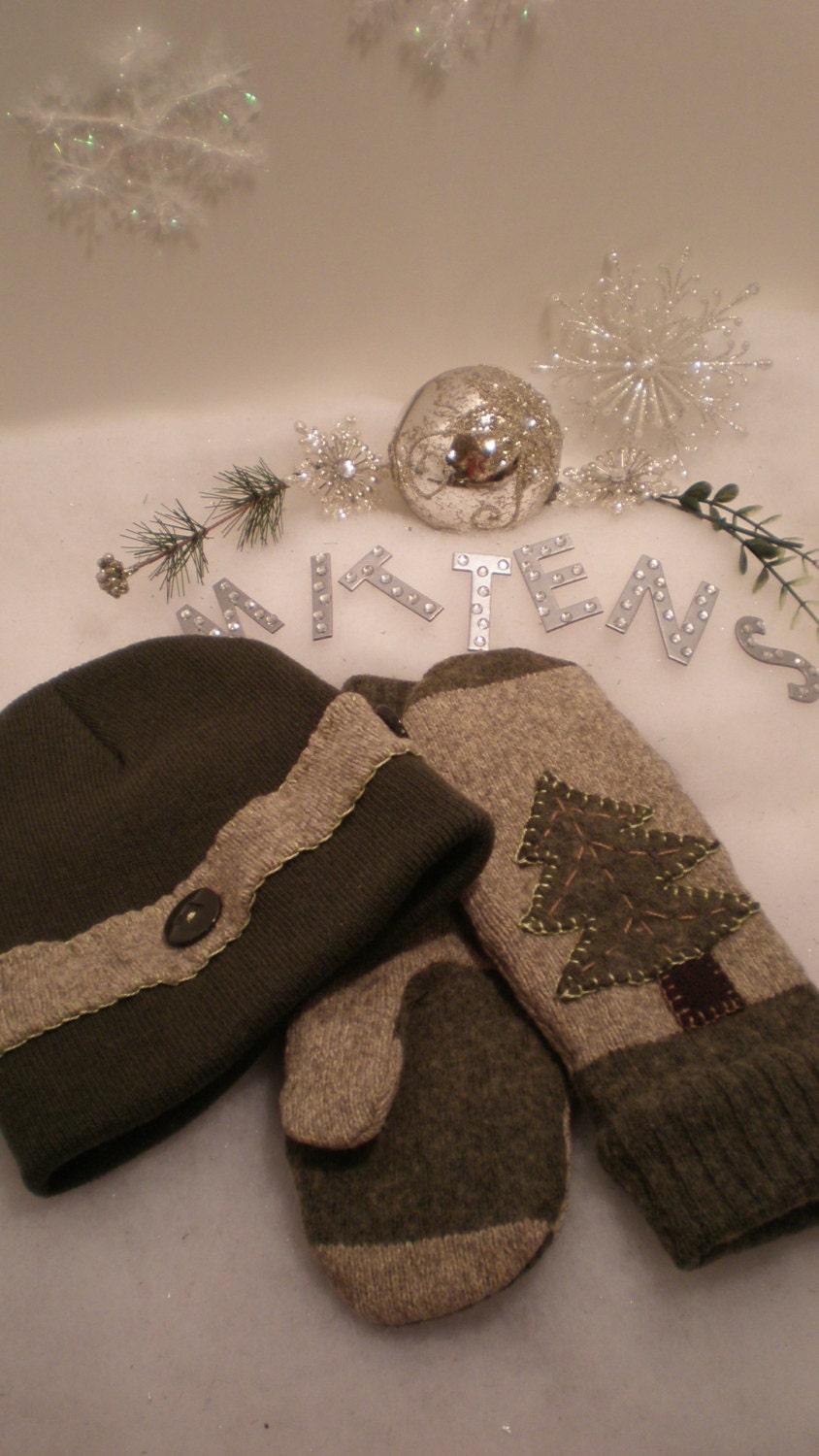 Recycled, Upcycled, Repurposed Wool Sweater Mittens & Hat Set