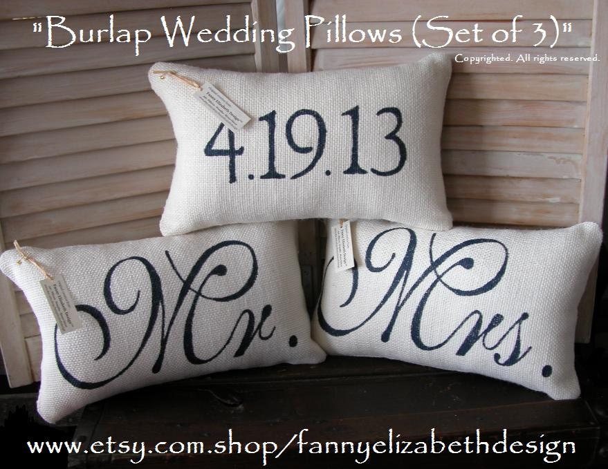 3 Wedding Pillows FREE SHIPPING-- Mr. and Mrs.- Burlap Mr. and Mrs. Pillows-  Wedding Gift- Rustic Wedding-Pillow- Decorative Pillow-
