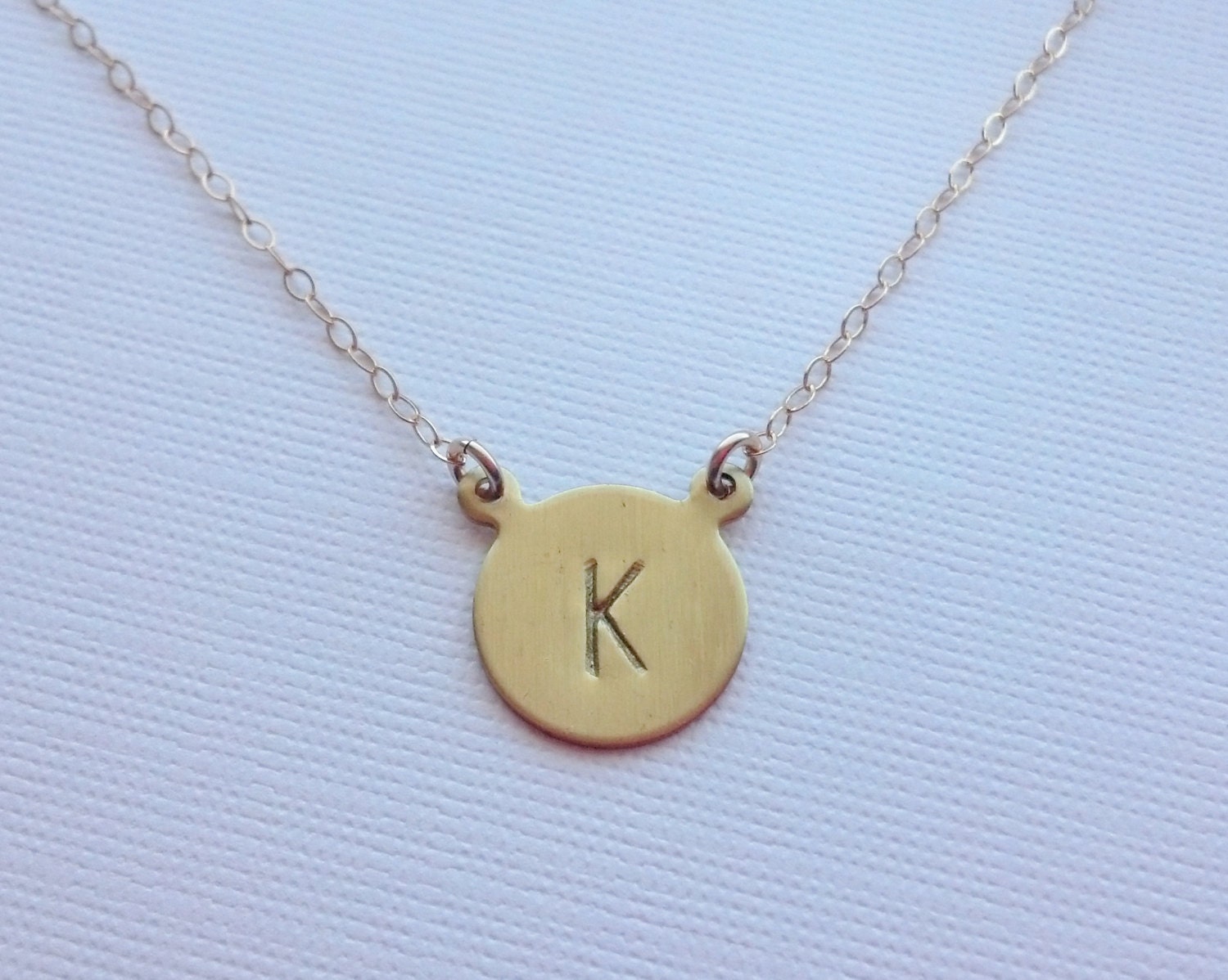 Sale- Brass Initial Disc Necklace- 14k Gold Filled Chain- Brass Charm- Personalized Gold Necklace- Hand Stamp Initial Disc