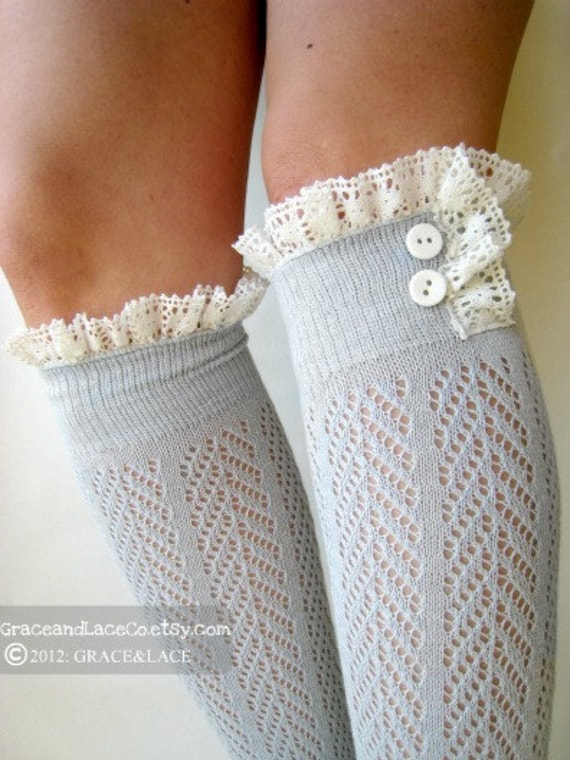 SALE Lacey Sock - Dove Grey boot socks - open-knit socks - chevron herringbone patterned - lace boot socks - lace socks  (item no: 10-28)