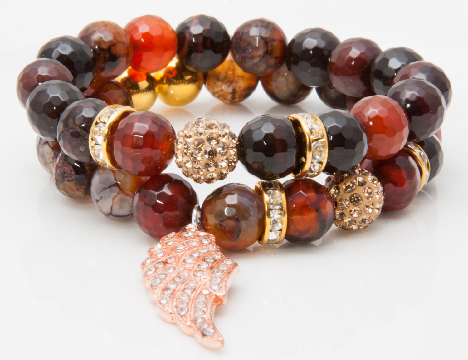 Charm Beaded Bracelet Stretch with Semi-Precious Stones and Swarovski Pave Stone & Charm