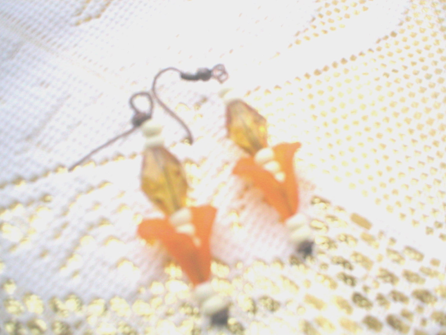 Copper Pierced Wire Dangle Drop  Earrings Retro Look Amber OrangeLucite Flower Beaded Unique Handme Jewelry