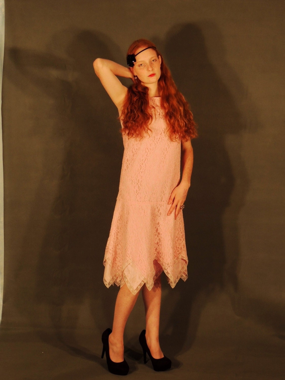 vtg 70s lace Flapper DRESS pink hankie hem peach taffeta Registry Wedding party frock hippie boho stevie nicks s m