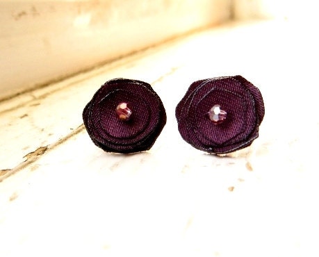 Eggplant Fabric Earrings, Plum Studs, Surgical Steel Posts, Small Satin Flowers, Deep Purple Bridal Party Gifts, Bridesmaids Jewelry