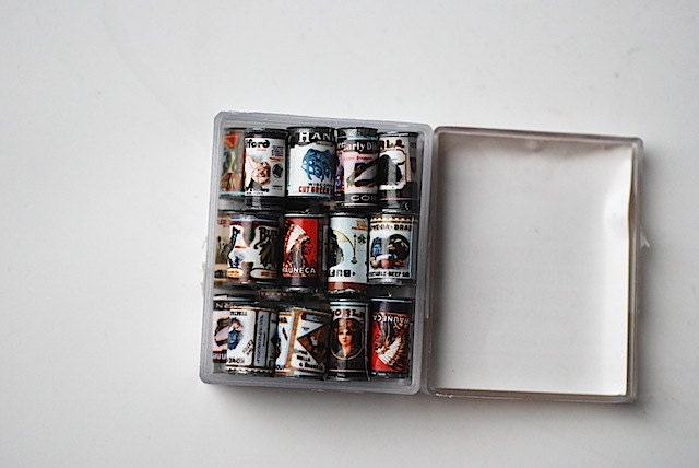 Lot of 24 Miniature Cans, Doll House Decor, Gift For Her, Valentines Day Girlfriend Gift, Old Fashioned Miniatures,  Mid Century Cans