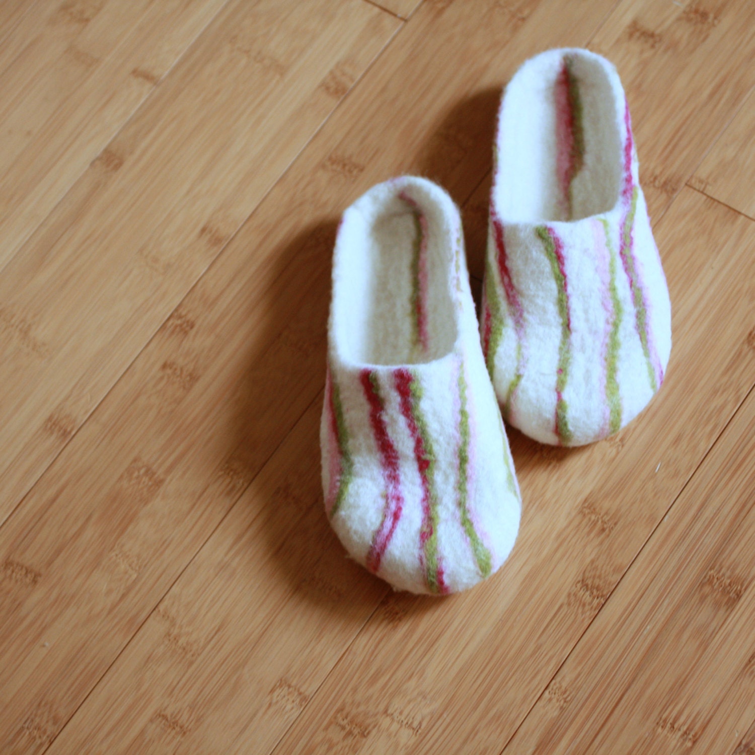 Women house shoes - felted wool slippers white with pink green stripes