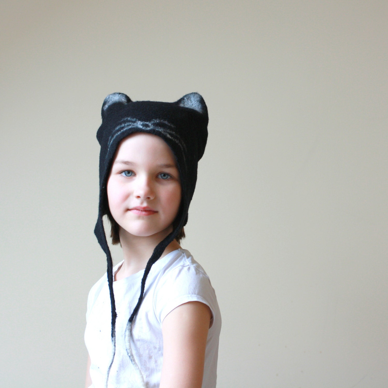 Black cat hat - felted wool cat kids hat - black white girl hat