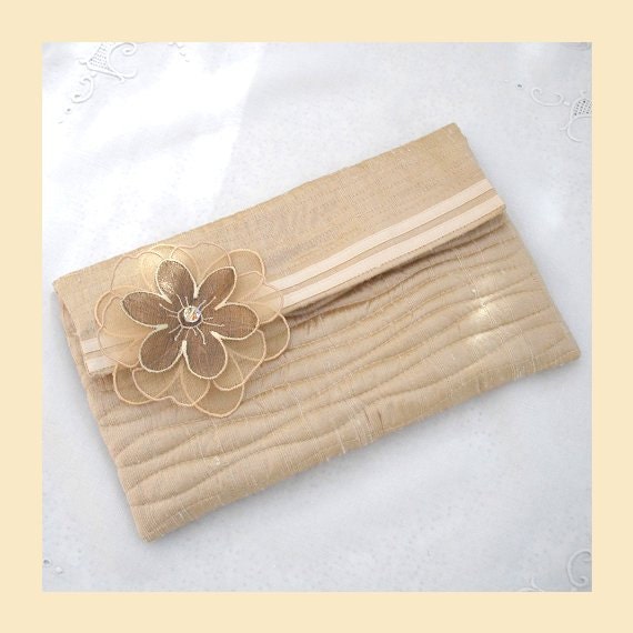 wedding clutch bag in cream quilted silk with flower corsage and Swarovski crystal trim -  'Evelyn' design