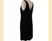 Vintage beaded shift dress in black silk chiffon with bugle beads, UK size 12