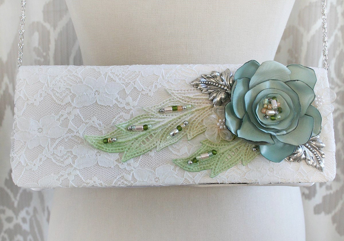 SAGE lace bridal wedding clutch purse in ivory and pale sage green accents