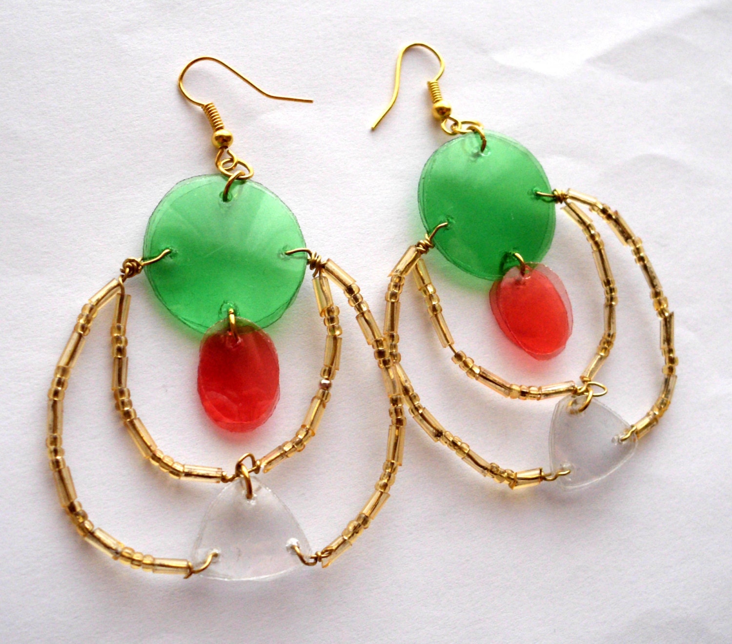 Boho earrings upcycled jewelry made of recycled plastic bottles gold, red, green - chandelier, gypsy earrings, eco friendly