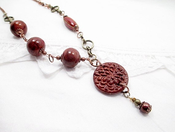 Beaded Necklace Lariat Necklace Red Bead Necklace Beaded Jewelry Handmade Victorian Boho Stamped Clay Romantic Glass Pearl Upcycled