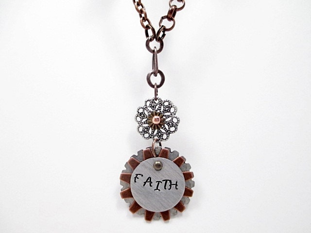 FAITH Inspirational Bead Lariat Necklace Handmade Beaded Jewelry Steampunk Upcycled Victorian Boho Industrial Metal Asymmetrical Short
