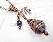 Copper Lariat Necklace Beaded Jewelry Handmade Upcycled Blue Victorian Bohemian Boho Romantic Rustic  Leaf Charm Metallic Gold