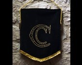 Antique French Religious Church Banner. Embroidered Black Silk Velvet, Yellow Silk Gothic Letter/s 'Cc'. Bullion Tassels, Braid.