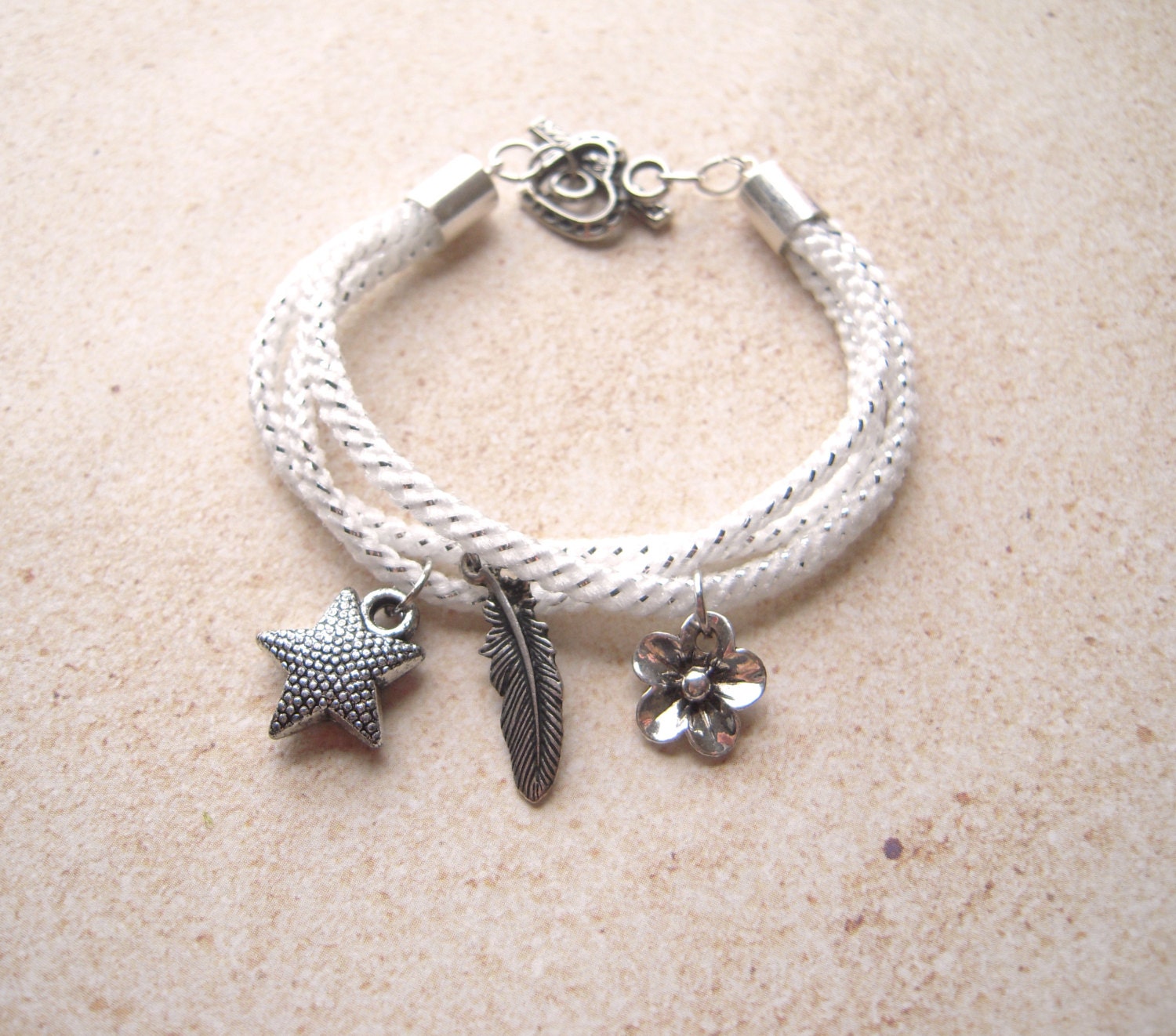 White Rope Beach Bracelet, Pretty Silver and White Sparkle Wrap Bracelet, Feather Flower Star Charm Jewelry