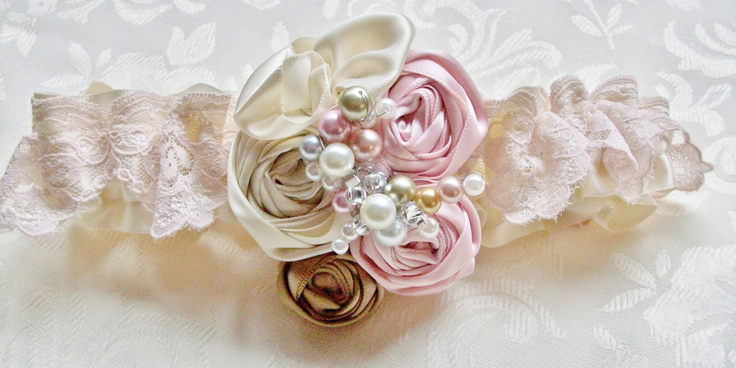 Bridal Wedding Garter - Shabby Chic Vintage Inspired Garter with Pearls and Crystals-Regency