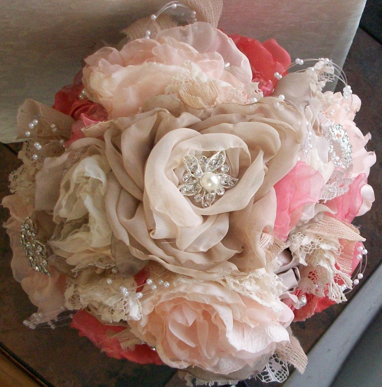 Fabric Bouquet/Vintage Inspired Shabby Chic Fabric Wedding Bouquet/ Bridal Bouquet with Pearls and Crystals,and Rhinestones