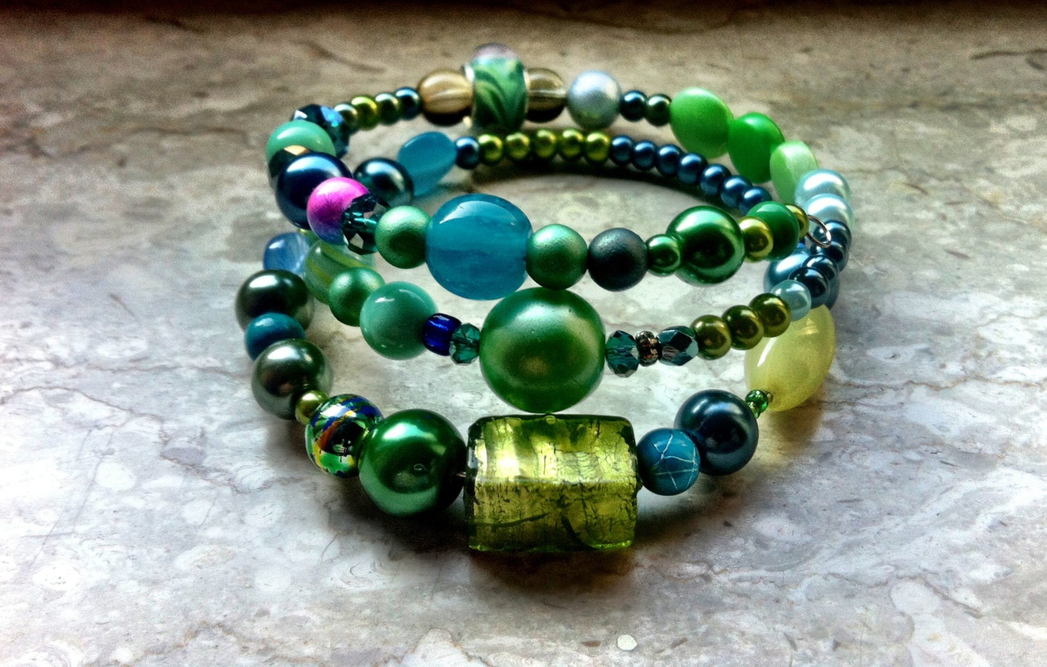 Green - blue glass beads mix memory wire bracelet - handmade , adjustable