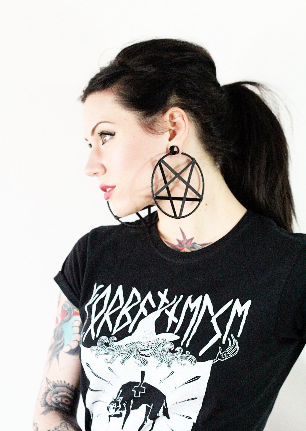 Large Leather Pentagram Hoop Earrings