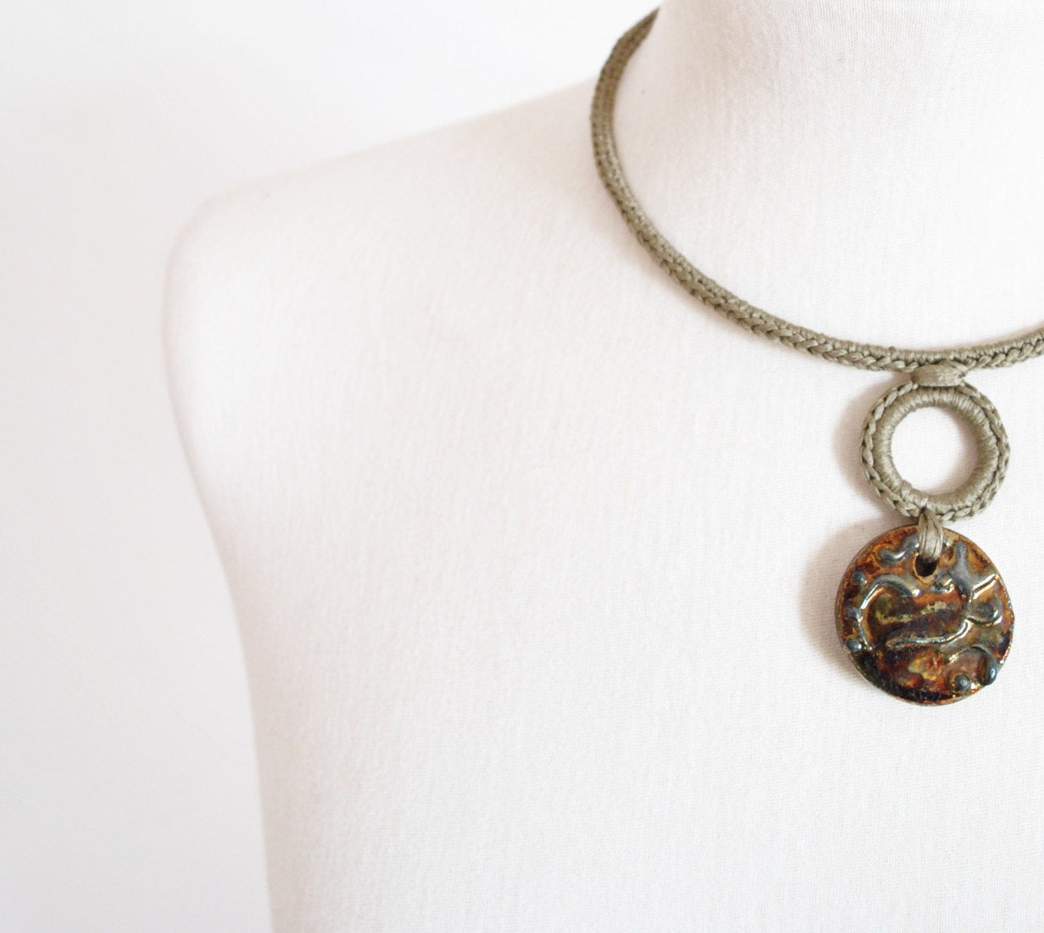 Hand texutered ceramic pendant /  Natural necklace crochet pendant/ Necklace ceramic fiber jewelry / Copper & natural choker / Boho necklace