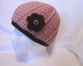 Crochet hat, Crochet beanie, flower hat, womens hat, chocolate brown, pink