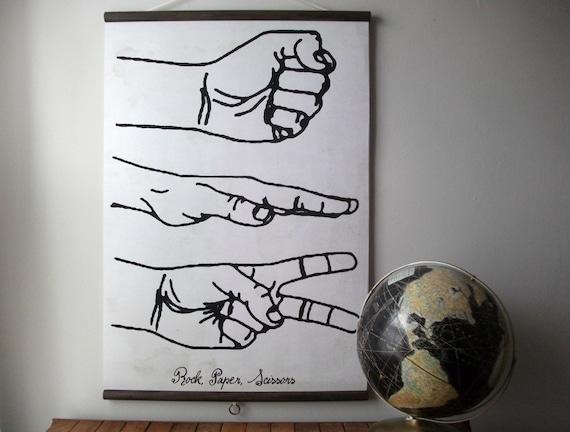 Large Canvas Vintage Style School Chart with Wood Trim - Rock, Paper, Scissors (24" x 35")