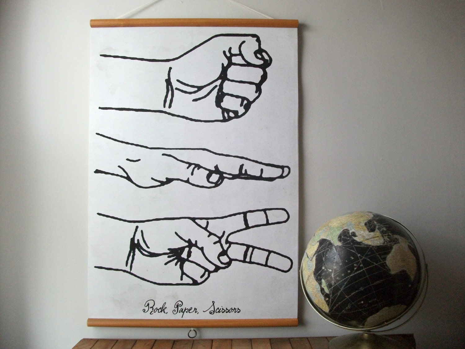 Large Canvas Vintage Style School Chart with Wood Trim - Rock, Paper, Scissors (24" x 35")