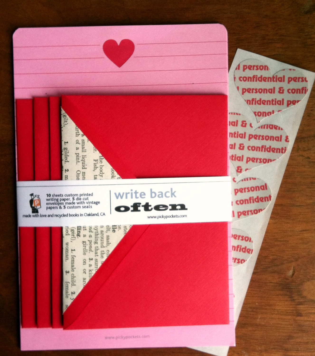 Set of five die cut lined envelope, 10 sheets custom ruled paper, custom seals.