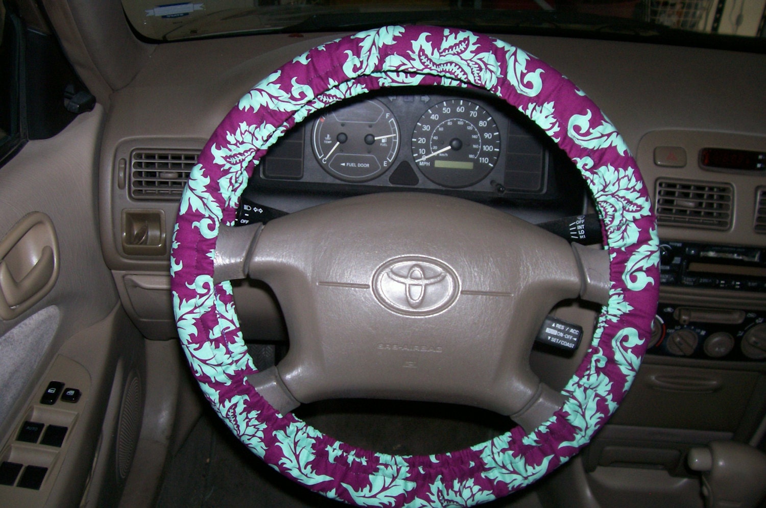Damask in Plum and Aqua Steering Wheel Cover