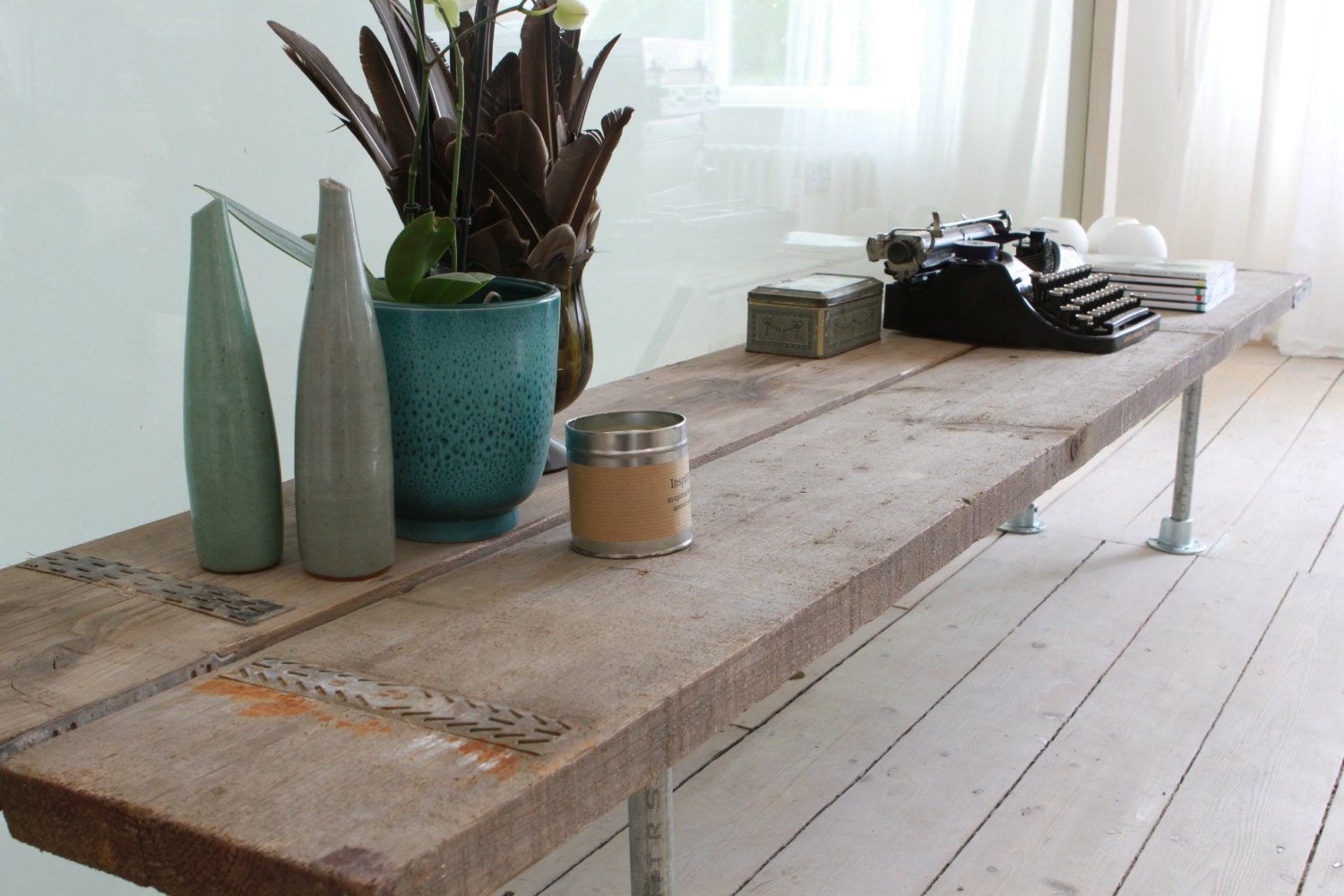 Reclaimed Scaffolding Boards and Galvanised Steel Pipe Long Low TV Bench or Console Table - inspiritdeco