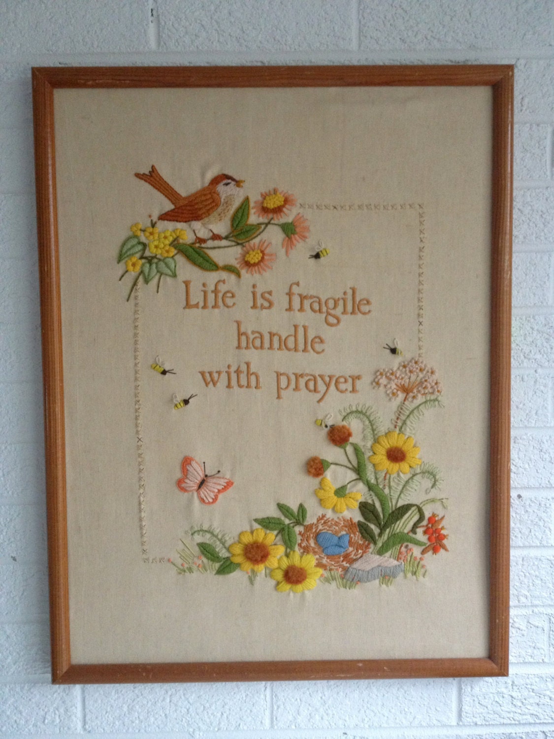 SALE - Vintage Framed Crewel/Embroidery Art - Inspirational