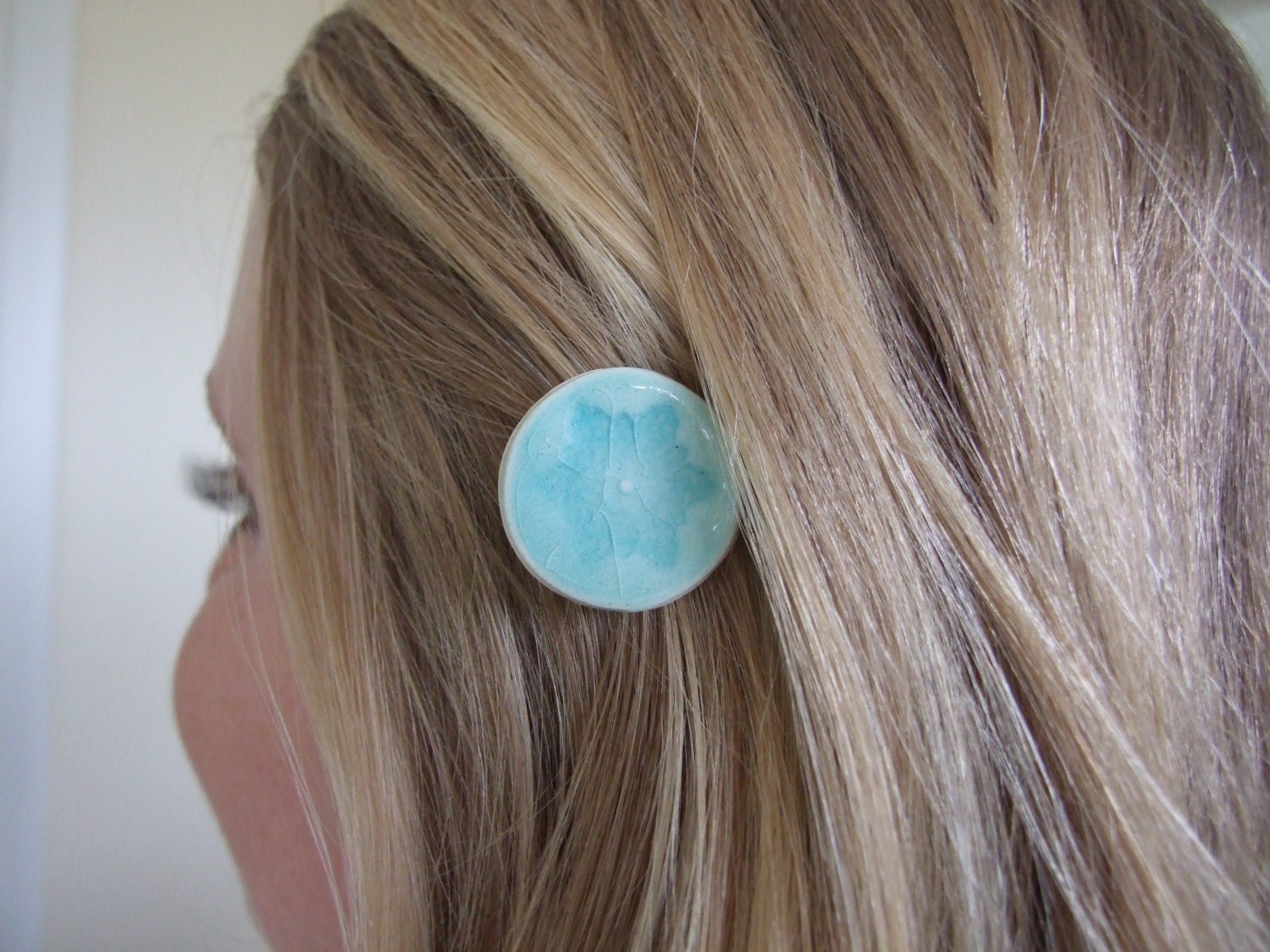Snowflake bobby pin turquoise glazed ceramic on big silver tone hair pins pastels