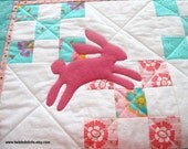 Easter Quilted Table Runner, Wool Applique Bunnies, Cottage Chic, teal, pink, white