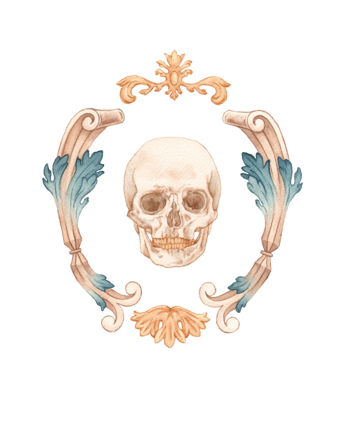 MINI PRINT of original watercolor "King Cranium"- painting, art, anatomy, skull, nautical