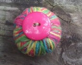 neon rainbow recycled pin cushion handcrafted dryer lint yarn wrapped eco friendly unique fun bright colorful sewing notion upcycled quirky
