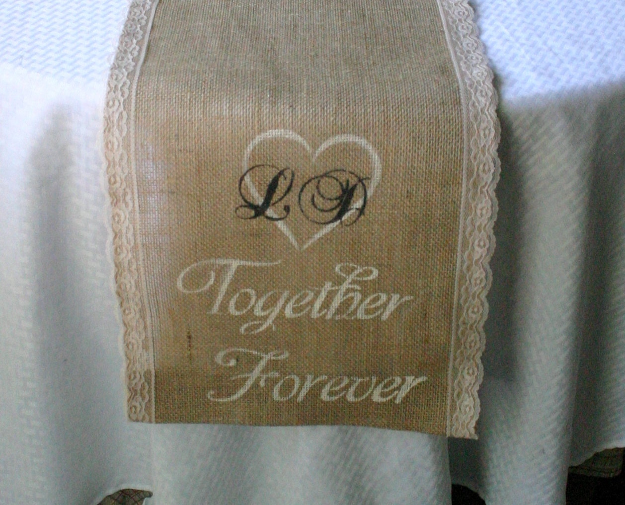 Burlap and lace table runners, monogrammed table runner