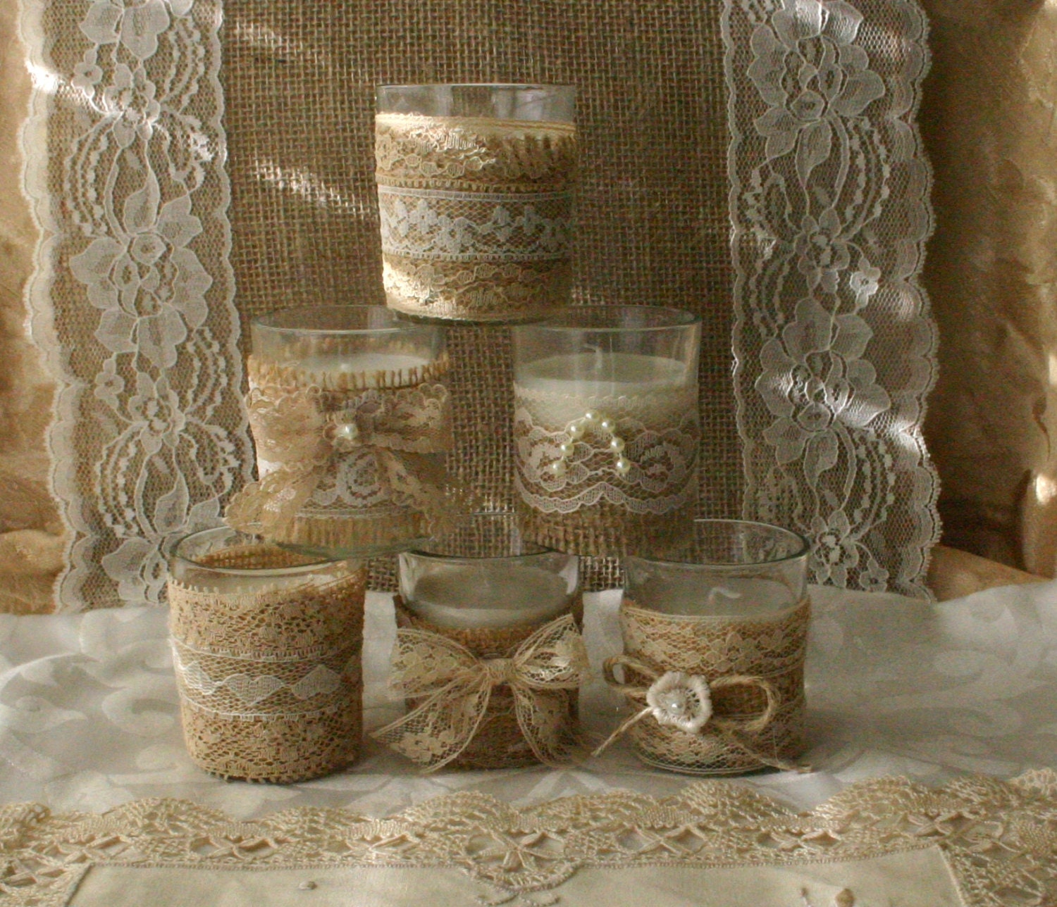 Vintage IVORY  lace wedding tea candles, Victorian wedding centerpiece, French Country wedding vase, Vintage wedding,