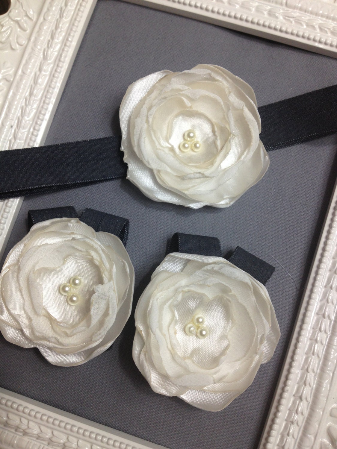 Baby headband and BAREFOOT sandal set charcoal and ivory