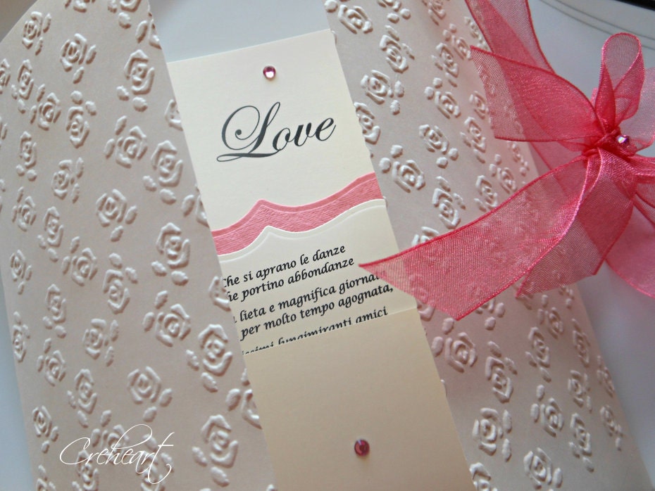 Wedding card - Wishes, Love, Poem, Invitation, Bridesmaids - Embossed, Roses, Pink, , Swarovski, Ribbon - FREE personalization