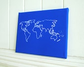 World Map White on Blue - Screenprint Stretched on Canvas