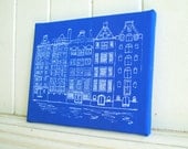 Screen Print Dutch Houses - Stretched on Canvas -  White on Blue - Large