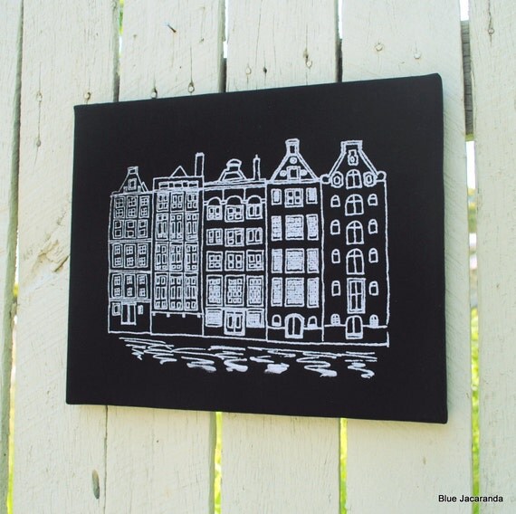 Amsterdam Canal Houses - Screenprint Stretched on Canvas - White on Black - Extra Large