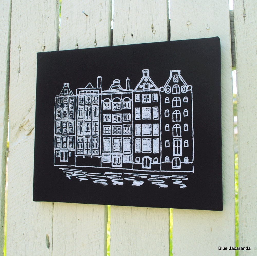 Amsterdam Canal Houses - Screenprint Stretched on Canvas - White on Black - Extra Large