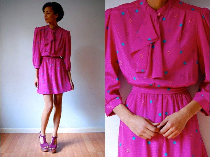 Vtg Ruffle Neck Retro Pink Colorful Dotted Belted Dress