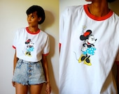 Vtg Minnie Mouse Printed Red Trimmed White SS Shirt