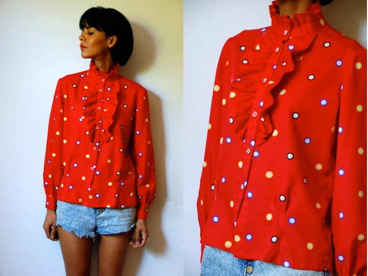 Vtg Ruffled Colorful Polka Dots Red Button Down LS Blouse