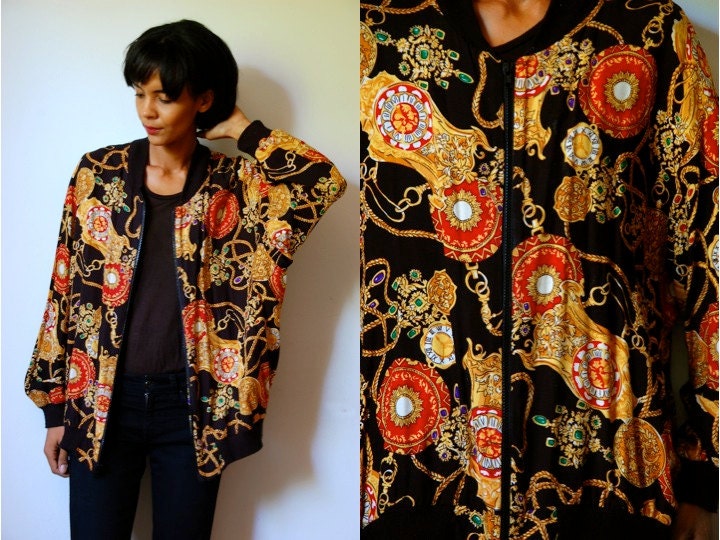 Vtg Gold Chains Time Clock Printed Red Black Zip Up Jacket