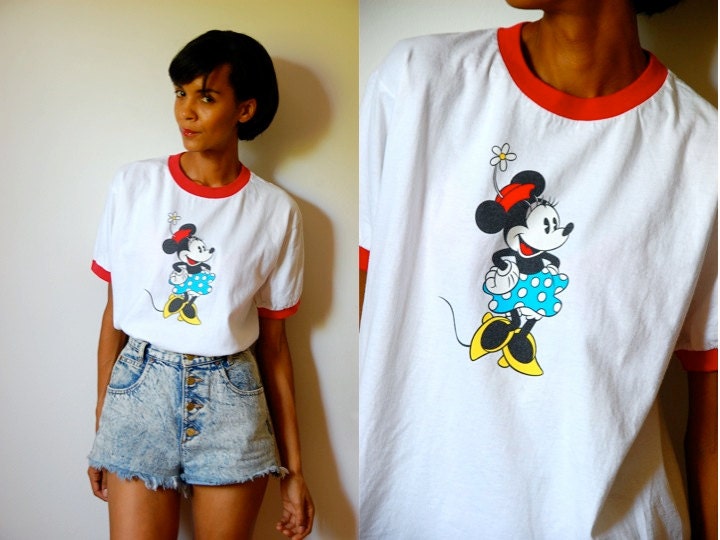 Vtg Minnie Mouse Printed Red Trimmed White SS Shirt