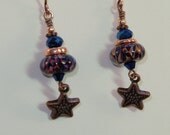 Navy blue and antique copper lampwork boro bead star dangle earrings, blue and copper star lampwork earrings